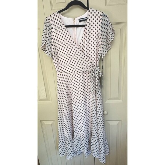NWT Karl Lagerfeld Paris Pink Black Polka Dot Ruffle Midi Dress Size 4 MSRP 148 - Picture 1 of 7